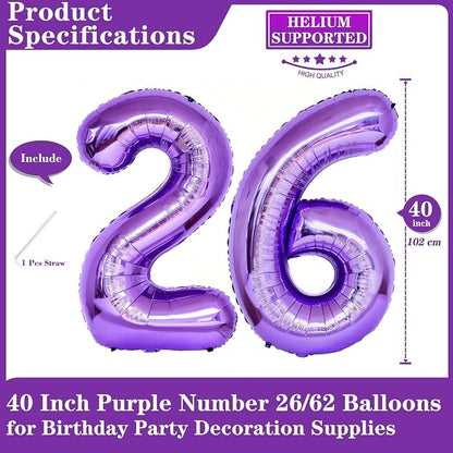 Purple 26 Number Balloons, 40 Inch Giant Number 26 Balloons Foil Mylar Helium - Image 2