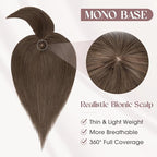 MY-LADY Human Hair Toppers for Women Real Human Hair with Bangs Thin 8.5 * 8.5CM Mono Base Clip in Remy Hairpieces Light Weight 14 Inch Dark Brown