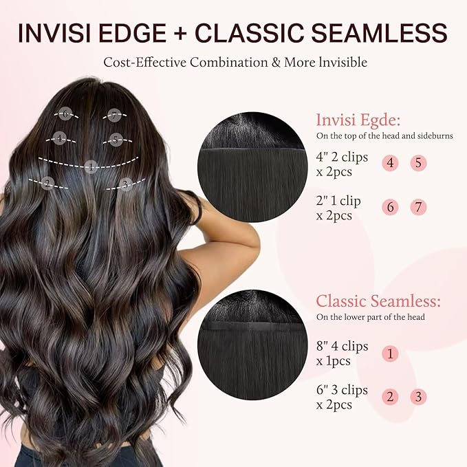 DOORES Clip in Hair Extensions Set 16 Inch 120g, 4pcs Invisi Edge Clip ins and 3pcs Classic Seamless Clip ins, Injected Virgin Real Human Hair Extensions Natural Invisible Straight, #1B