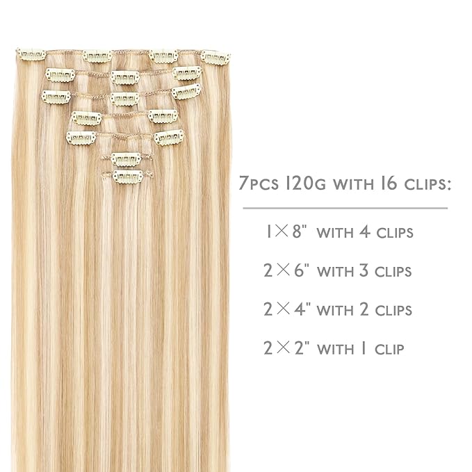 WENNALIFE Clip in Hair Extensions Human Hair 18 Inch 120g 7pcs Dirty Blonde Highlighted Bleach Blonde Hair Extensions Clip in for Women Real Human Hair Rallonge Cheveux Extensions