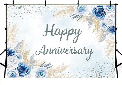 MEHOFOND Boho Happy Anniversary Backdrop Blue Floral Bohemia Pampas Grass - Image 3