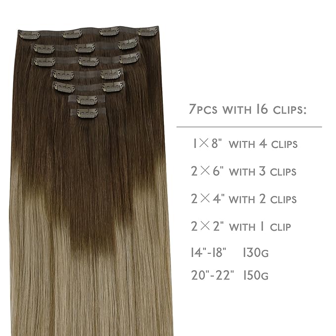 WENNALIFE Seamless Clip In Hair Extensions, 18 Inch 7pcs 130g Ombre Walnut Brown to Ash Brown and Bleach Blonde, Invisible PU Weft Natural Real Human Hair Extensions