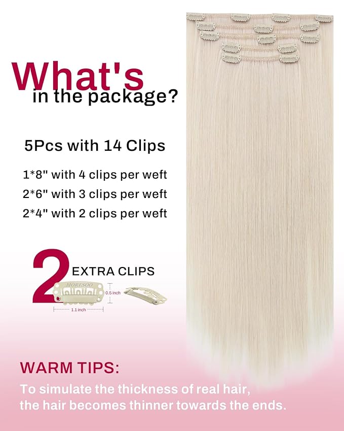 Moresoo White Blonde Clip in Real Hair Extensions Long Human Hair Clip in Extensions Blonde 20 inch Double Weft for Women Remy Human Hair Straight 80g/5pcs