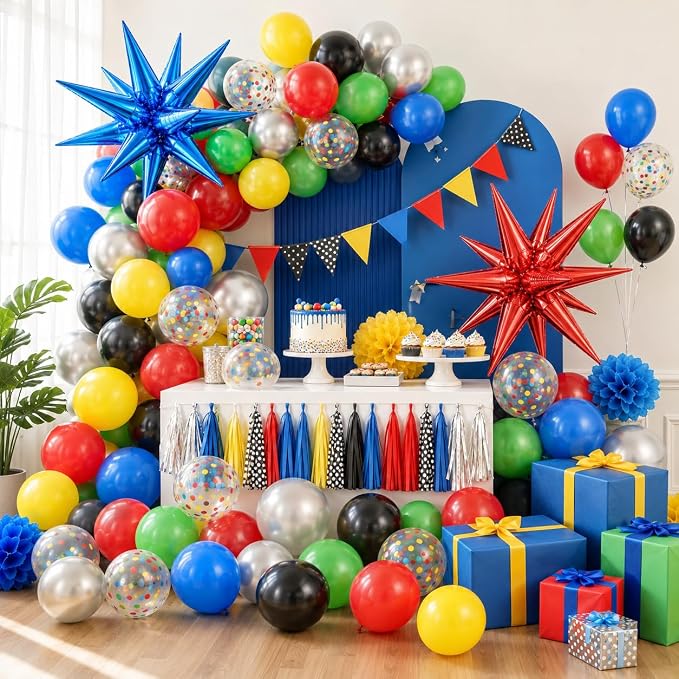 Black and Red Yellow Blue Balloons, 12 Inch Black Red Yellow Blue Green - Image 6