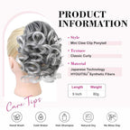REECHO Ponytail Extension, 9" Claw Clip in Short Curly Wavy Pony Hair Extension Jaw Clip on Pony Tail HP001 Hairpiece for Women - Grey with White Ends
