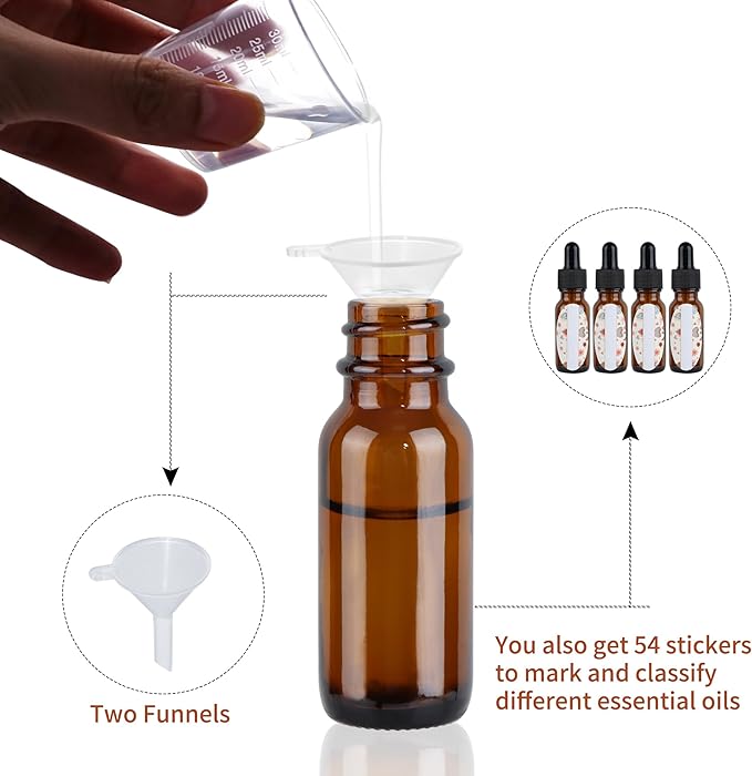 48 Pack 1/2 oz (15ml) Amber Glass Bottles with Glass Eye Droppers for Essential Oils, Perfumes & Lab Chemicals (Brush, Funnels, 2 Extra Droppers, Labels & Measuring Cup Included)