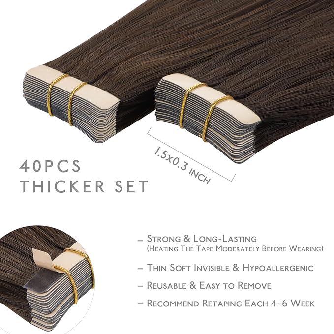 WENNALIFE Tape in Hair Extensions Human Hair, 40pcs 120g 26 inch Chocolate Brown Hair Extensions Real Human Hair Straight Tape in Extensions Invisible Human Hair Extensions Reusable Hair Extensions