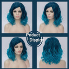 BUFASHION 14" Women Short Ombre Blue Kinky Straight Cosplay Synthetic Wigs With Air Bangs 46 Colors Available (Ombre Blue)