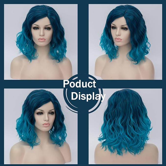 BUFASHION 14" Women Short Ombre Blue Kinky Straight Cosplay Synthetic Wigs With Air Bangs 46 Colors Available (Ombre Blue)
