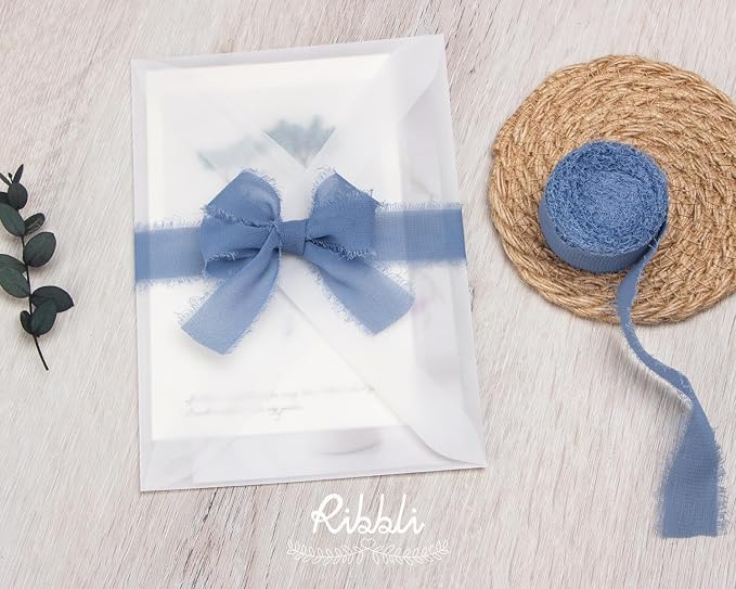 Ribbli Dusty Blue Ribbon 1 Inch x 3 Rolls Total 24 Yards Blue Handmade Fringe - Image 3