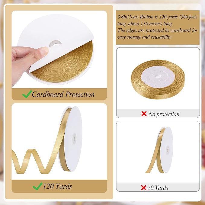 woric Gold Ribbon 3/8 Inch 120 Yards Thin Craft Gold Satin Ribbon | Graduation - Image 3