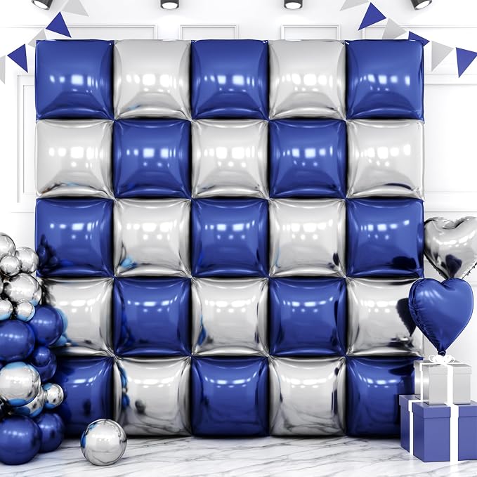Metallic Navy Blue and Silver Double Sided Square Foil Balloons Wall, 19 Inches by FEYG