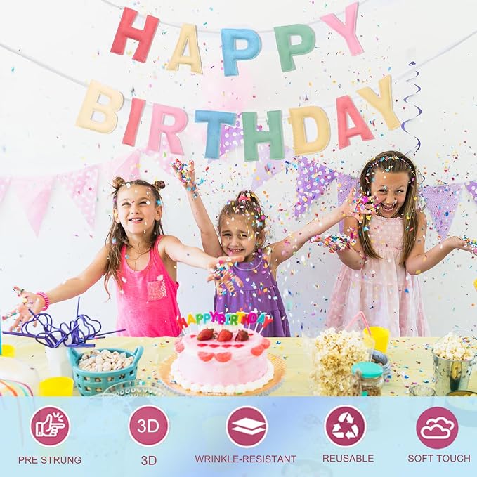 Felt Happy Birthday Banner, Pre-Strung 3D Birthday Rainbow Garland Banner | - Image 2