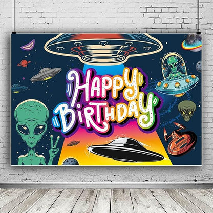 Funny UFO Happy Birthday Decorations Backdrop, Outer Space Universe Flying - Image 2