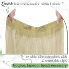 RUNATURE Wire Hair Extensions, Bleach Blonde Human Hair Extensions with Fish Line, Secret Clip in One Piece Extensions, Natural Remy Hair, Can Be Styled, 20 Inch 100g #24