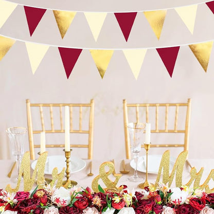 Burgundy Party Decorations Gold Maroon Beige Fabric Triangle Pennant Banner - Image 6