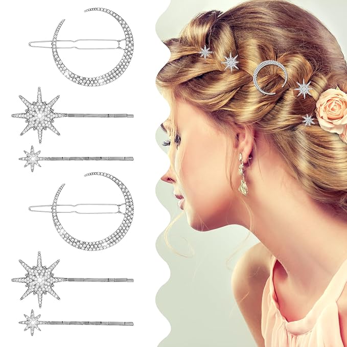 6 PCS Moon Star Hair Clips, Silver Hair Accessories, Vintage Hairs Clips, Silver HairPins, Star Hairs Clip Set for Women