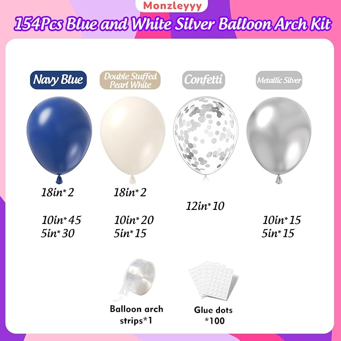 154Pcs Navy Blue Silver Balloons Garland Arch Kit - Image 2