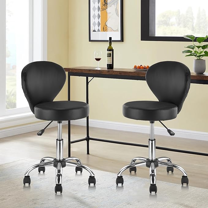 Set of 4 PVC Faux Leather Rolling Swivel Salon Stool Chair with Wheel Back Lumbar Support Seat Height 22 in Diameter 15 Inch Adjustable Hydraulic Chair for Office Massage Facial Spa 4 Pack
