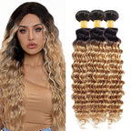 Honey Blonde Bundles Human Hair Ombre Deep Wave Bundle 20 22 24 Inch Peruvian Virgin Remy Hair Extensions Double Weft 2 Tone Black and Blonde Deep Wave Bundle Hair Weave 150g