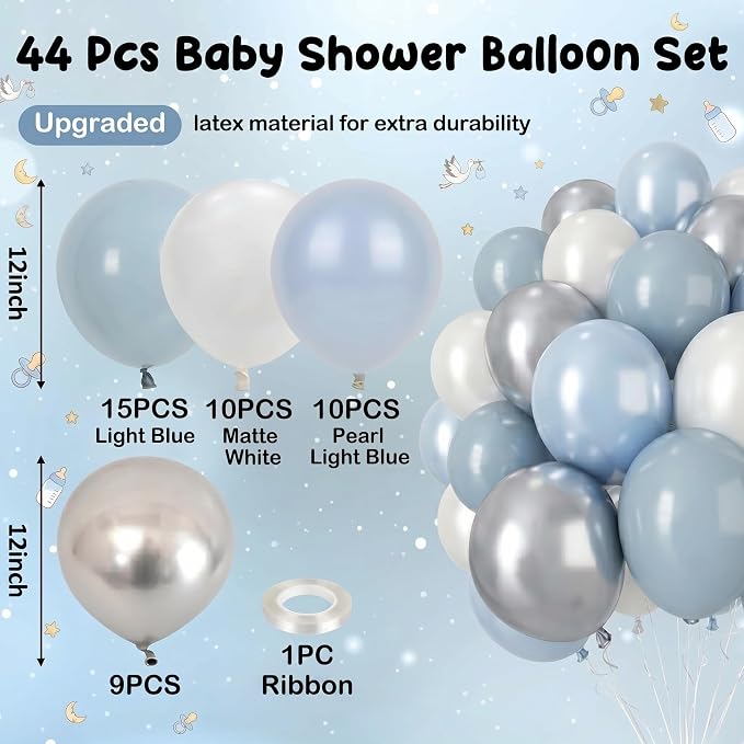 Dusty Blue Balloons, 12 Inch Double Stuffed Fog Slate Light Baby Blue Pearl - Image 3