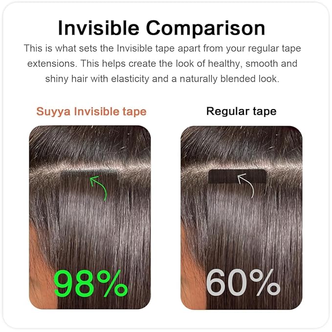 SUYYA Invisible Tape in Hair Extensions Human Hair Natural Black Seamless Injected Hand-Tied Pro Quality Virgin Human Hair 20PCS 50G/Pack Straight Tape Ins(20 inch #1B Off Black)
