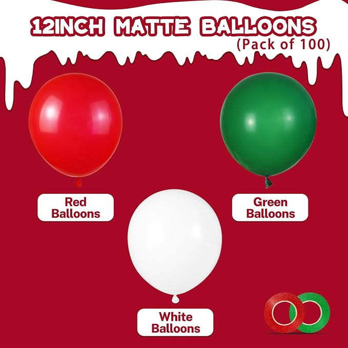 100 Pcs Christmas Red Green Balloons 12 Inch Red Green and White Latex Balloons - Image 2