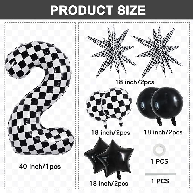 TONIFUL 2nd Birthday Balloons Kit 40 Inch Checkered Number 2 Foil Balloon | - Image 2