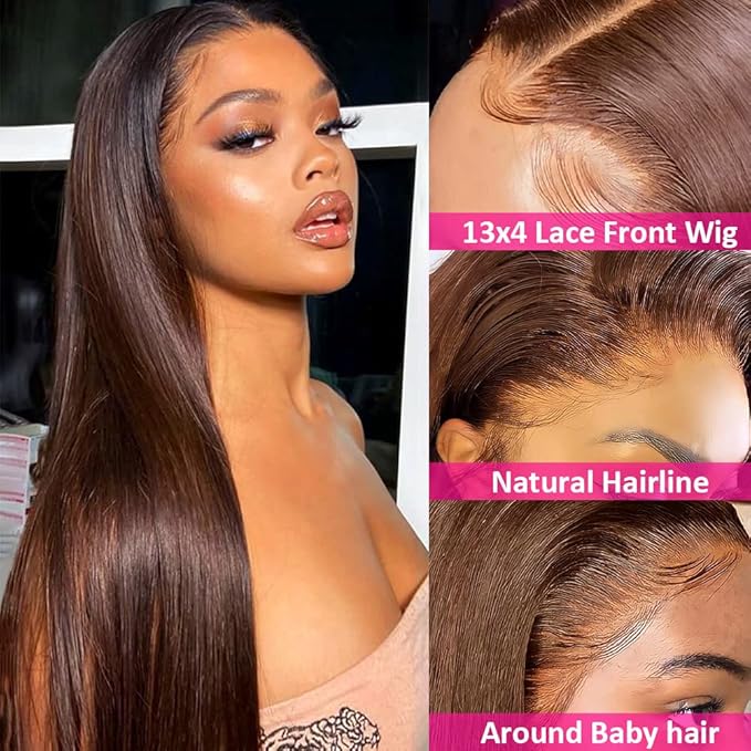 Hermosa 13x4 Chocolate Brown Lace Front Wigs Human Hair 180 Density Straight Lace Frontal Human Hair Wig Pre Plucked Hairline 4# Brown Wig 26 Inch