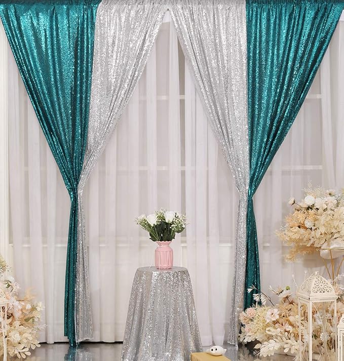 Poise3EHome Teal Sequin Backdrop Curtain, 4 Panels 2FTx8FT Glitter Background - Image 9