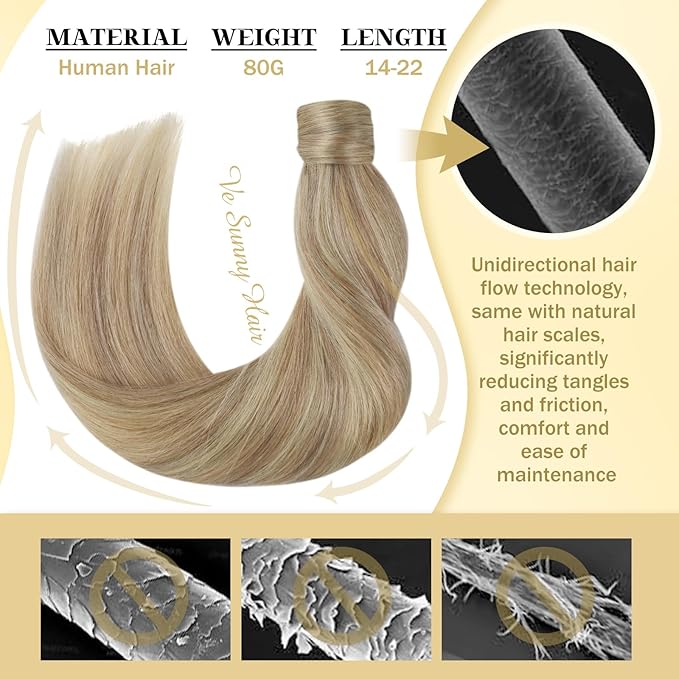 Ve Sunny Hair Extensions Ponytail Real Human Hair Wrap Around Clip in Ponytail Hair Extensions Straight Extensions Human Hair for Women Blonde Highlights for Women Warm Color 18inch 80G
