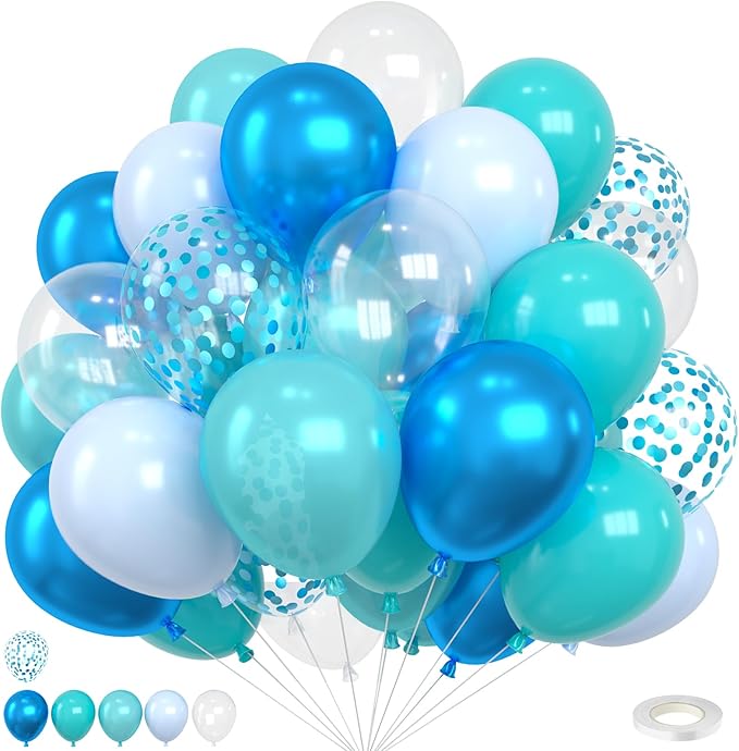 Ocean Balloons, 12 Inch Teal Blue Pearl Blue Metallic Blue Clear Balloons and by FEYG