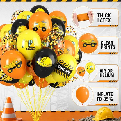 Construction Balloons, 12 Inch Black Yellow Orange Truck Printed Confetti - Image 3