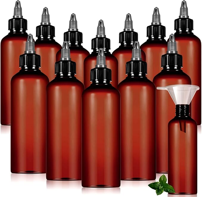Barydat 12 Pcs Applicator Bottles for Hair, Squeeze Hair Oil Applicator Bottle Refillable Empty Plastic Bottles, Twist on Top Cap with Open Close Nozzle and 2 Funnels(3.5 oz,Amber)