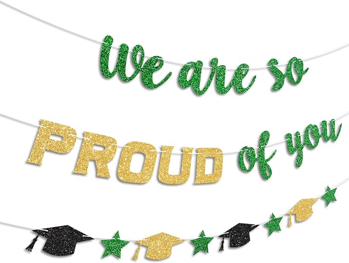 We Are So Proud of You Banner Prestrung Green and Gold Graduation Banner - Image 2