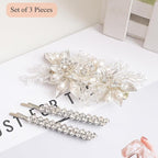 Floral Crystal Pearl Alligator Hair Clip and Rhinestone Bobby Pins, Elegant Hair Accessories for Bridal Women in Wedding or Prom, Set of 3 (Silver)