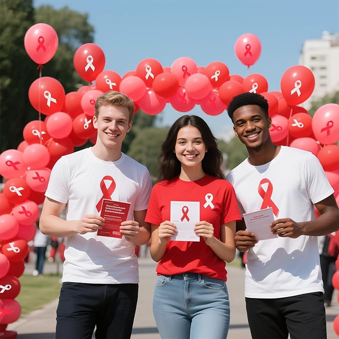 100 Pcs Red Ribbon Awareness Balloons 12 Inch Latex Red White Printed Balloon - Image 4
