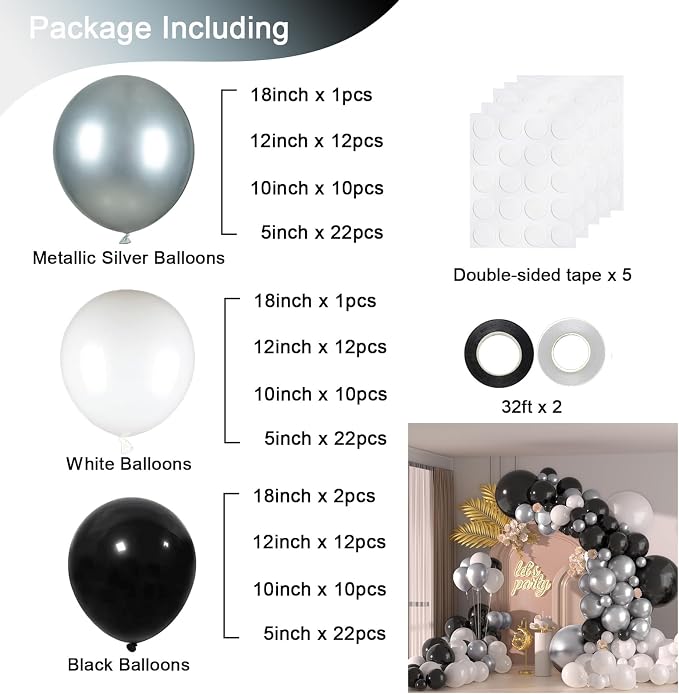 136pcs Black Silver White Balloons, 18 12 10 5 Inch Different Sizes Balloon | - Image 2