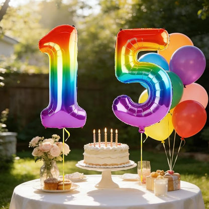 40 Inch Number 15 Balloons for 15th Birthday Party Decorations, 0-100 Rainbow - Image 3