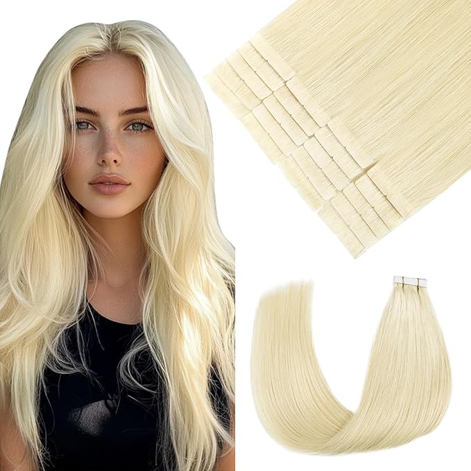 Pinkpearl Invisible Tape in Hair Extensions Human Hair, 20pcs 20inch 55g #60 Platinum Blonde Injection Tape in Extensions Real Remy Straight Seamless Silky Human Hair Injected