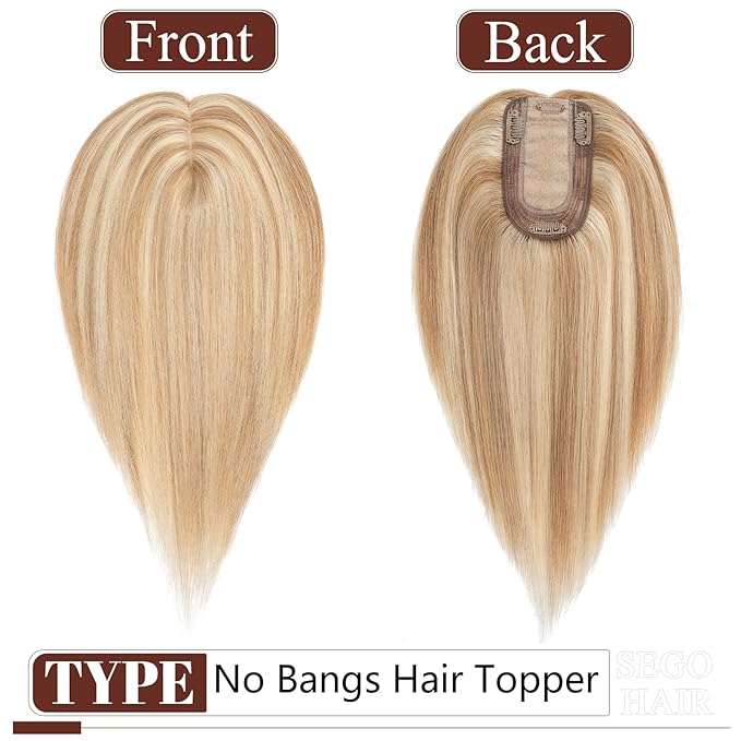 SEGO Real Human Hair Topper for Women, No Bangs Hair Topper with Anti-Slip Clips (18 Inches Golden Brown Mix Bleach Blonde)