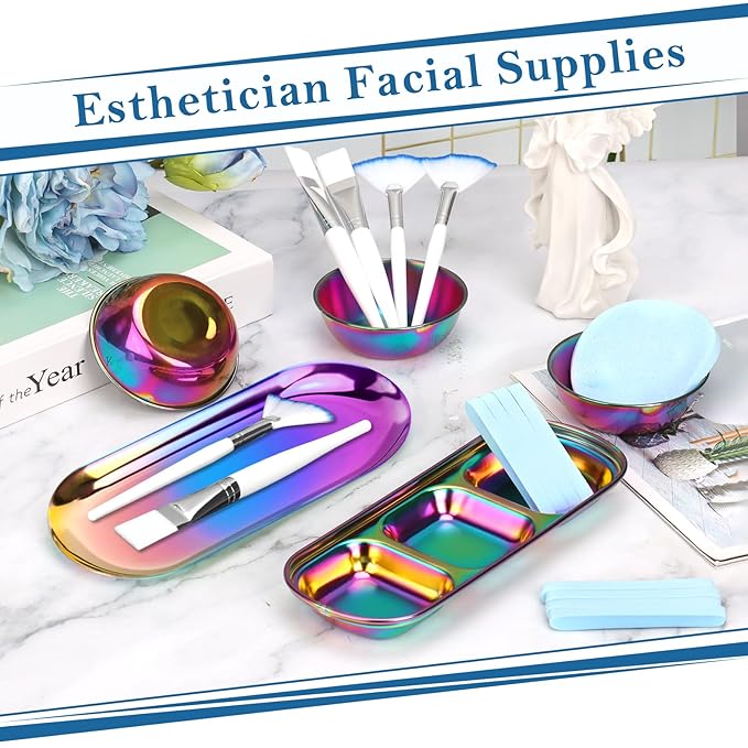 23 Rainbow Esthetician Facial Supplies 3 Stainless Steel Face Mask Mixing Bowls 3 Fan Brushes Esthetician 3 Facial Flat Brushes Skincare Tray 3-Compartment Serving Tray 12 Compressed Facial Sponges