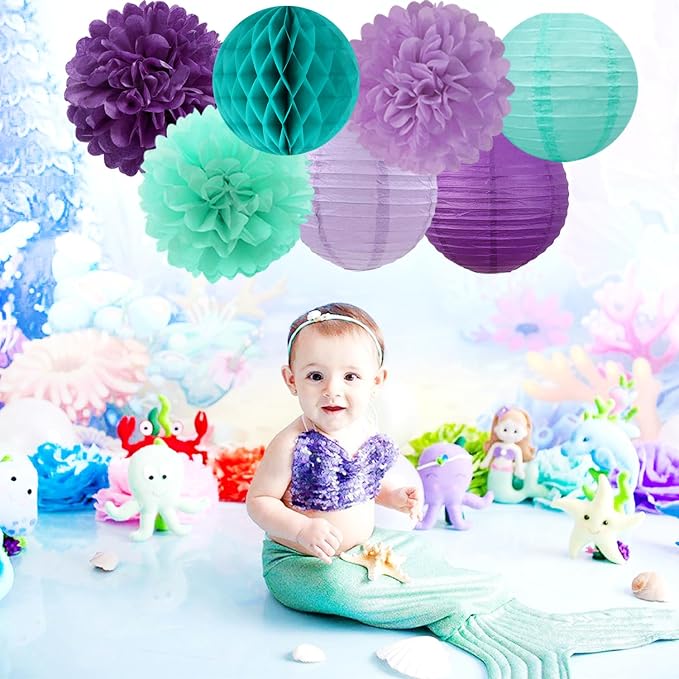Teal-Purple Party-Decorations Paper Flowers Lanterns - Image 5