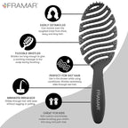 FRAMAR Vented Hair Brush For Women – Flex Brush, Wet Hair Brush Detangler, Wet Hairbrush For Women, Detangle Brush, Brushes For Hair, Hairbrushes – Vented Design For Faster Drying Time - Black