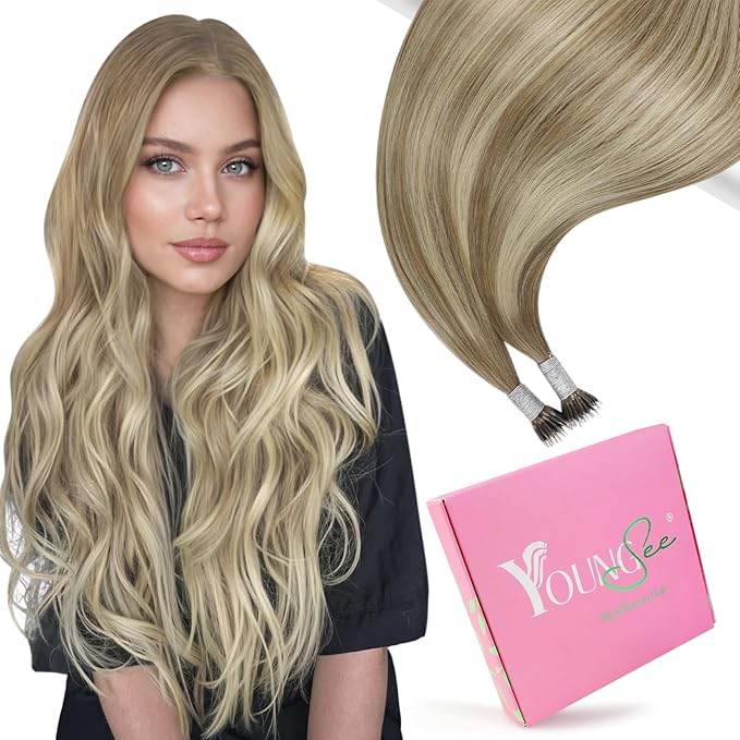 YoungSee Nano Extensions Human Hair Brown Nano Bead Hair Extensions Human Hair Light Brown with Platinum Blonde Ombre Nano-Ring Human Hair Extension Cold Fusion 16inch 50g/s for Graduations