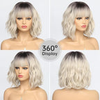 Short Ombre Blonde Bob Wigs for Women Wavy Blonde Wig with Bangs Ash Blond Wig Synthetic Hair Water Wave Medium Length Colorful Wigs（14 Inches）