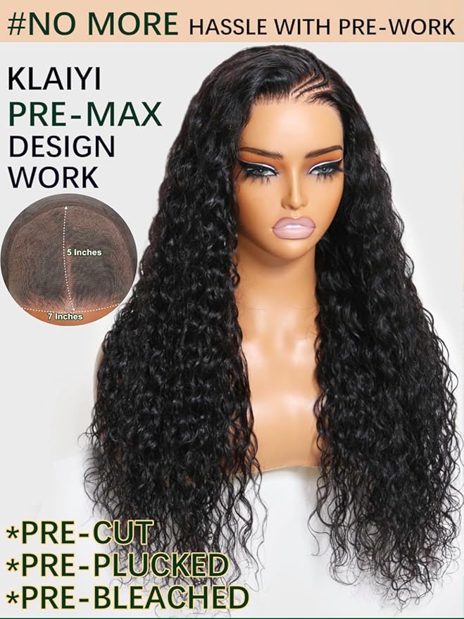 KLAIYI Bye Bye Knots Glueless Wig Pre Cut Water Wave HD Lace Front Wigs Human Hair Pre Bleached Pre Plucked Ready to Go Wigs for Women 30S Easy to Wear Put On and Go Curly Wig Beginner Friendly 14Inch