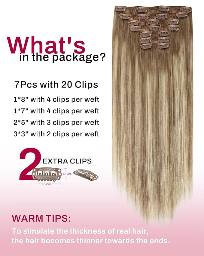 Moresoo Clip in Hair Extensions Ombre Light Brown Mixed with Golden Blonde Hair Extensions Real Human Hair Clip ins Balayage Double Weft 7pcs/135g 18inch