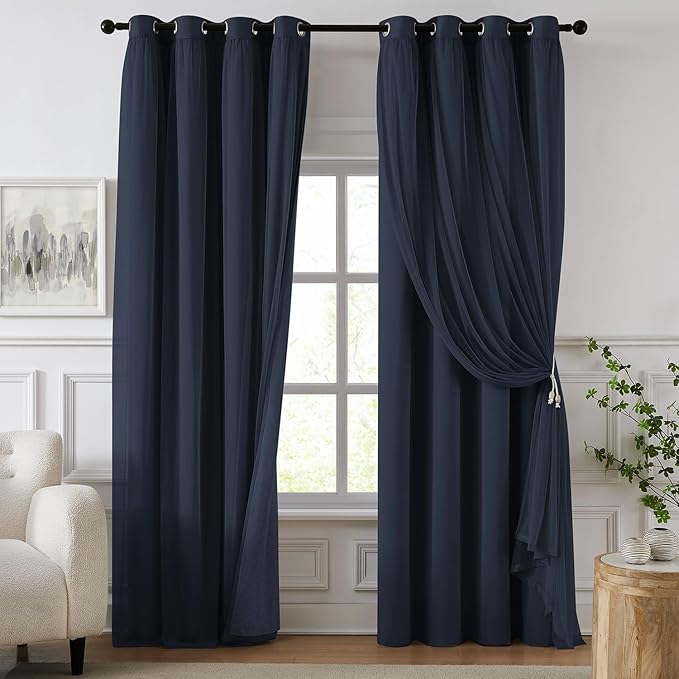 100% Blackout Curtains for Bedroom, Double Layer Navy Blue Curtains, Room by Swandream