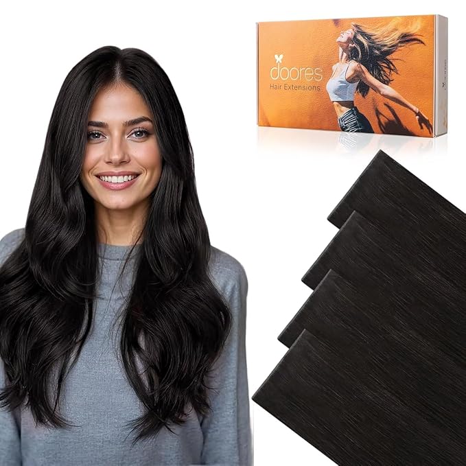 DOORES Invisi Edge Tape in Wide Hair Extensions Human Hair, Natural Black 4PCS Injection Tape ins 20g 14 Inch, Virgin Human 3 Inch Wide Injected Extensions Invisible
